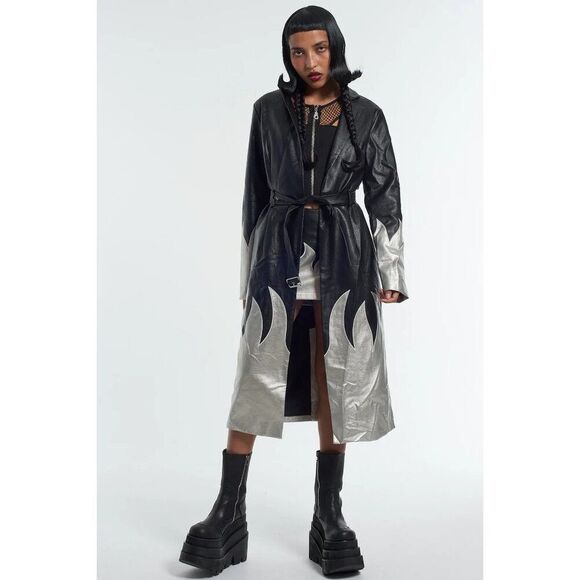 THE RAGGED PRIEST Immortal Coat 16 Silver Flames Faux Leather Trench Mall Goth - Picture 1 of 12